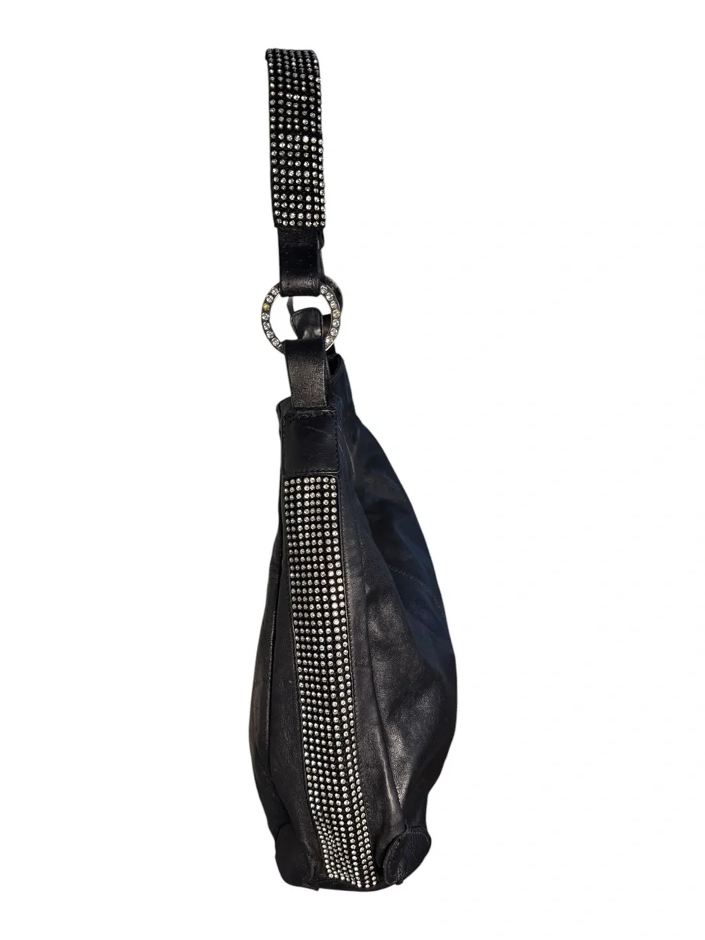 DXtouch Black Leather Hobo Bag Rhinestone Embellished Slouchy Shoulder Purse